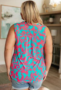 Lizzy Tank Top in Aqua and Pink Filigree Tops Ave Shops 