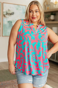 Lizzy Tank Top in Aqua and Pink Filigree Tops Ave Shops 