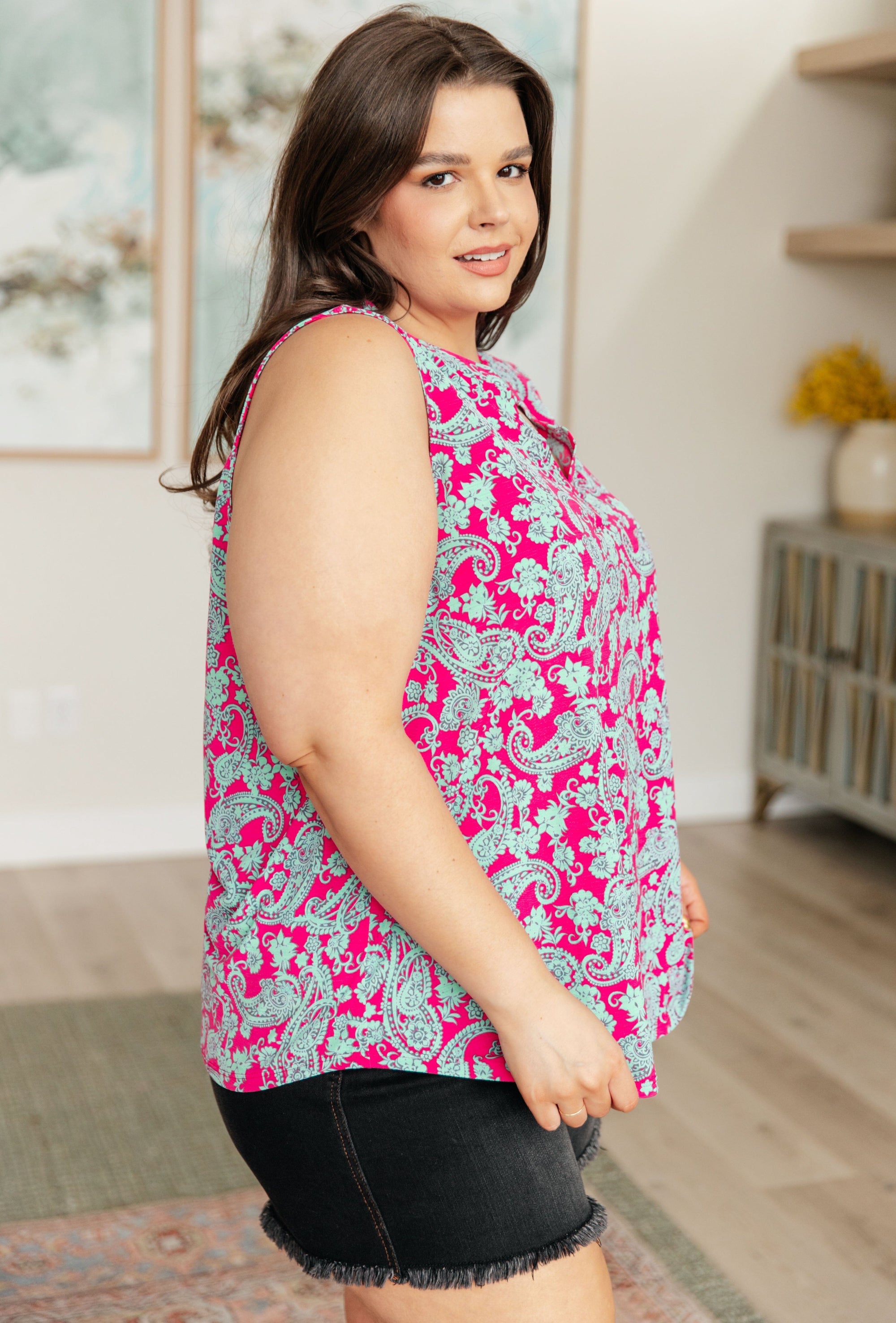 Lizzy Tank Top in Pink and Mint Paisley Tops Ave Shops 