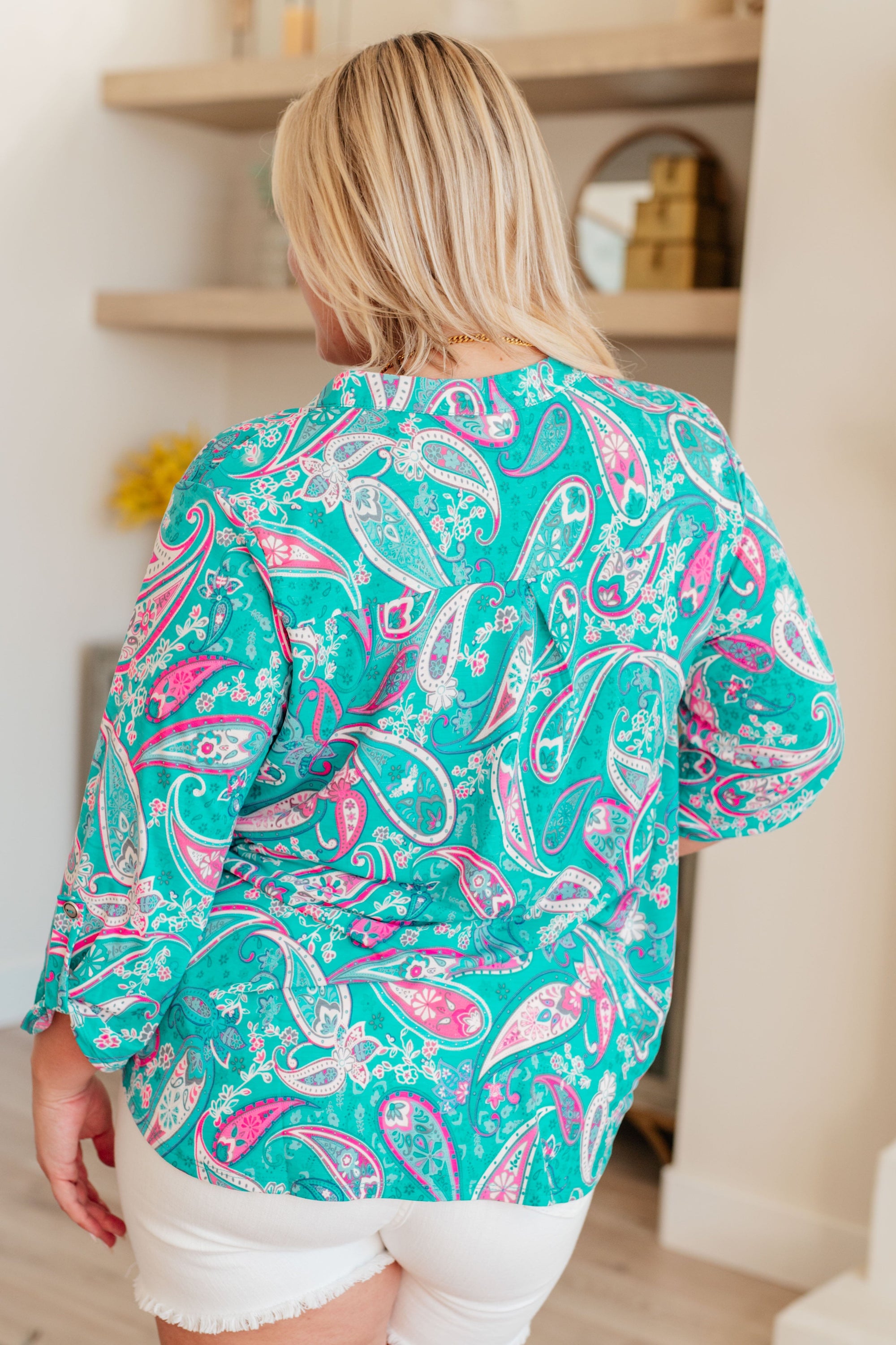 Lizzy Top in Aqua and Pink Paisley Tops Ave Shops 