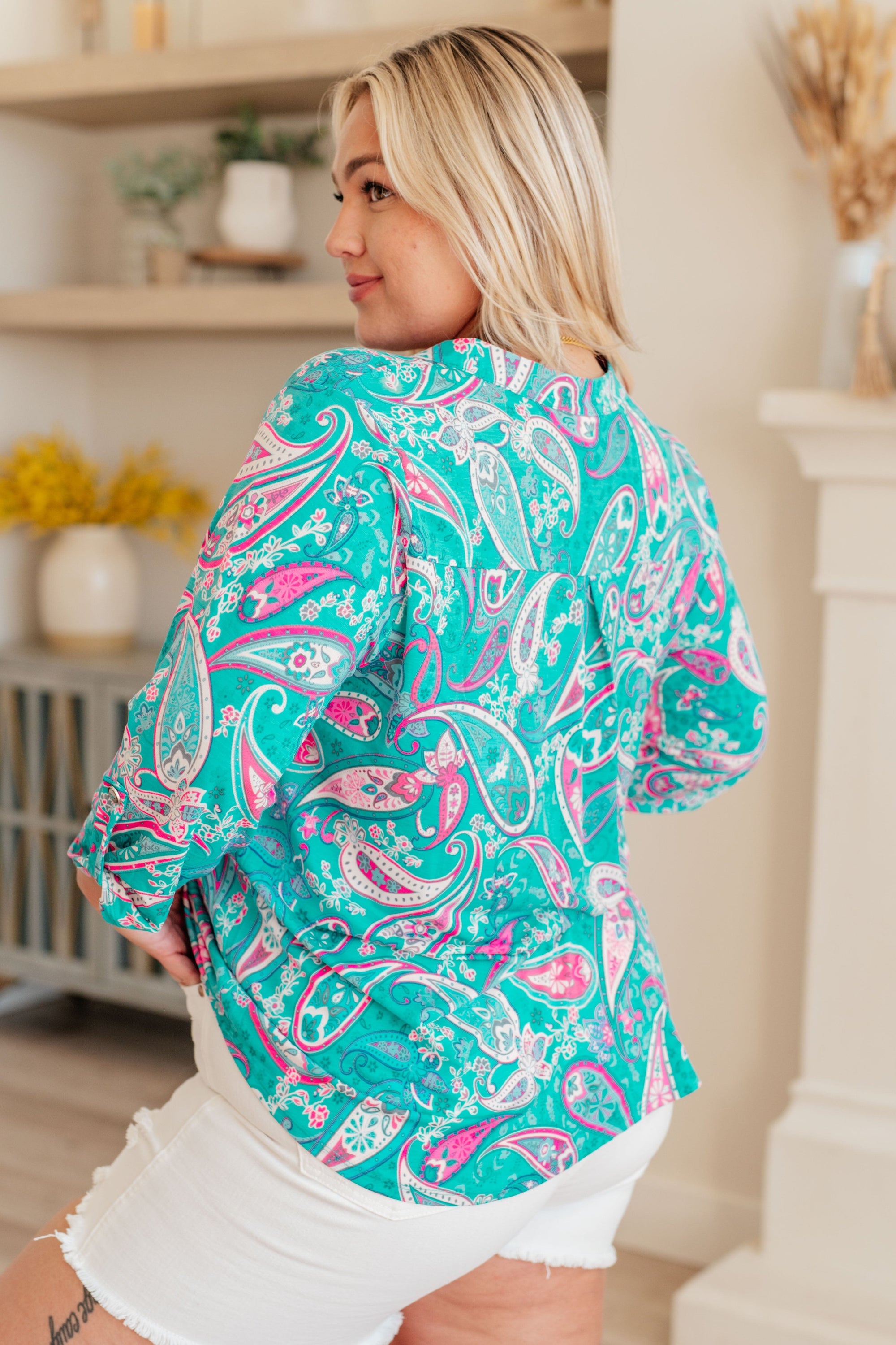 Lizzy Top in Aqua and Pink Paisley Tops Ave Shops 