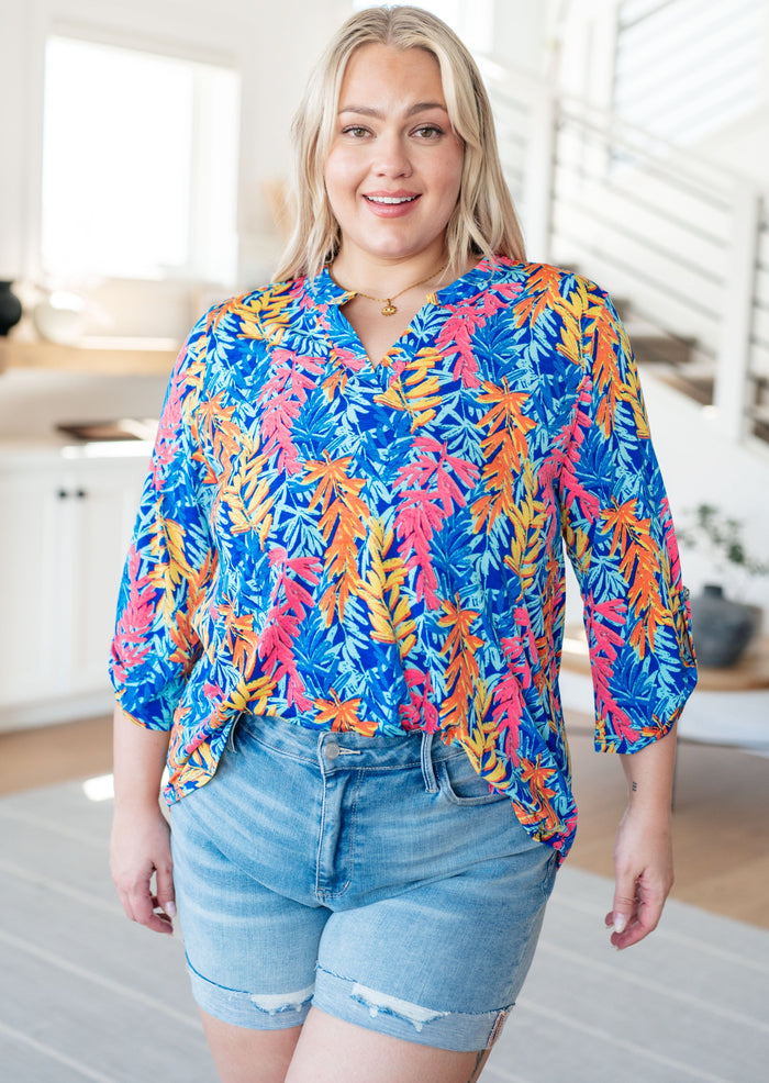 Lizzy Top in Blue and Pink Branches Tops Ave Shops 