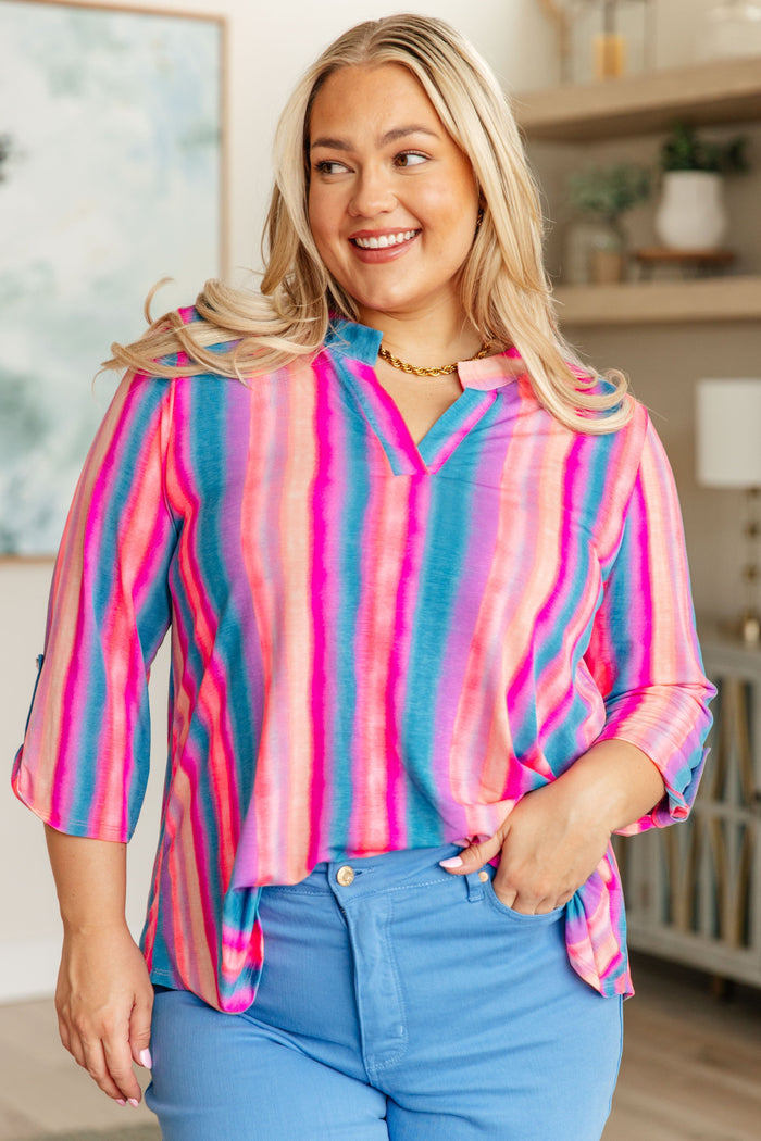 Lizzy Top in Blue and Pink Stripe Tops Ave Shops 