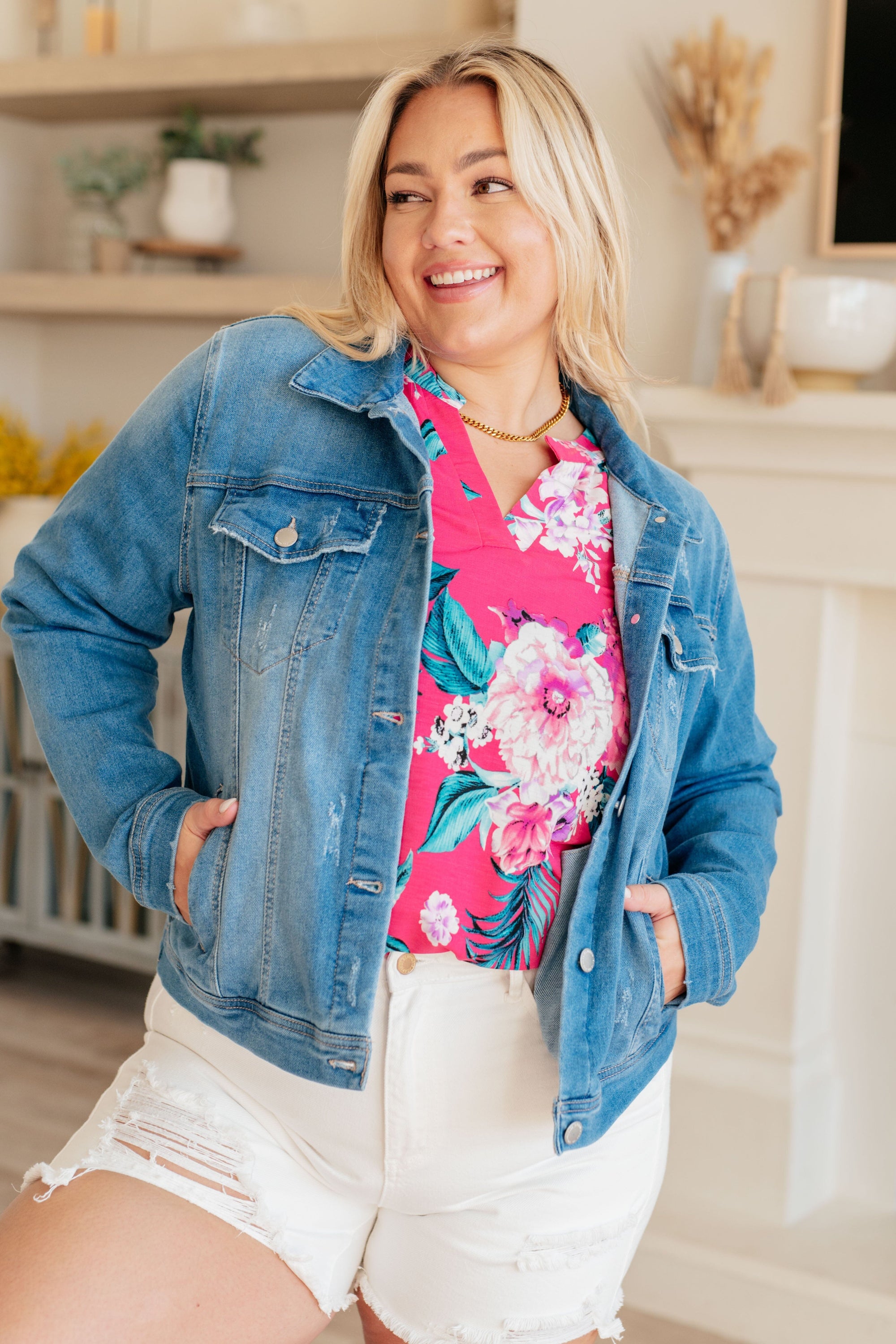 Lizzy Top in Magenta and Teal Tropical Floral Tops Ave Shops 