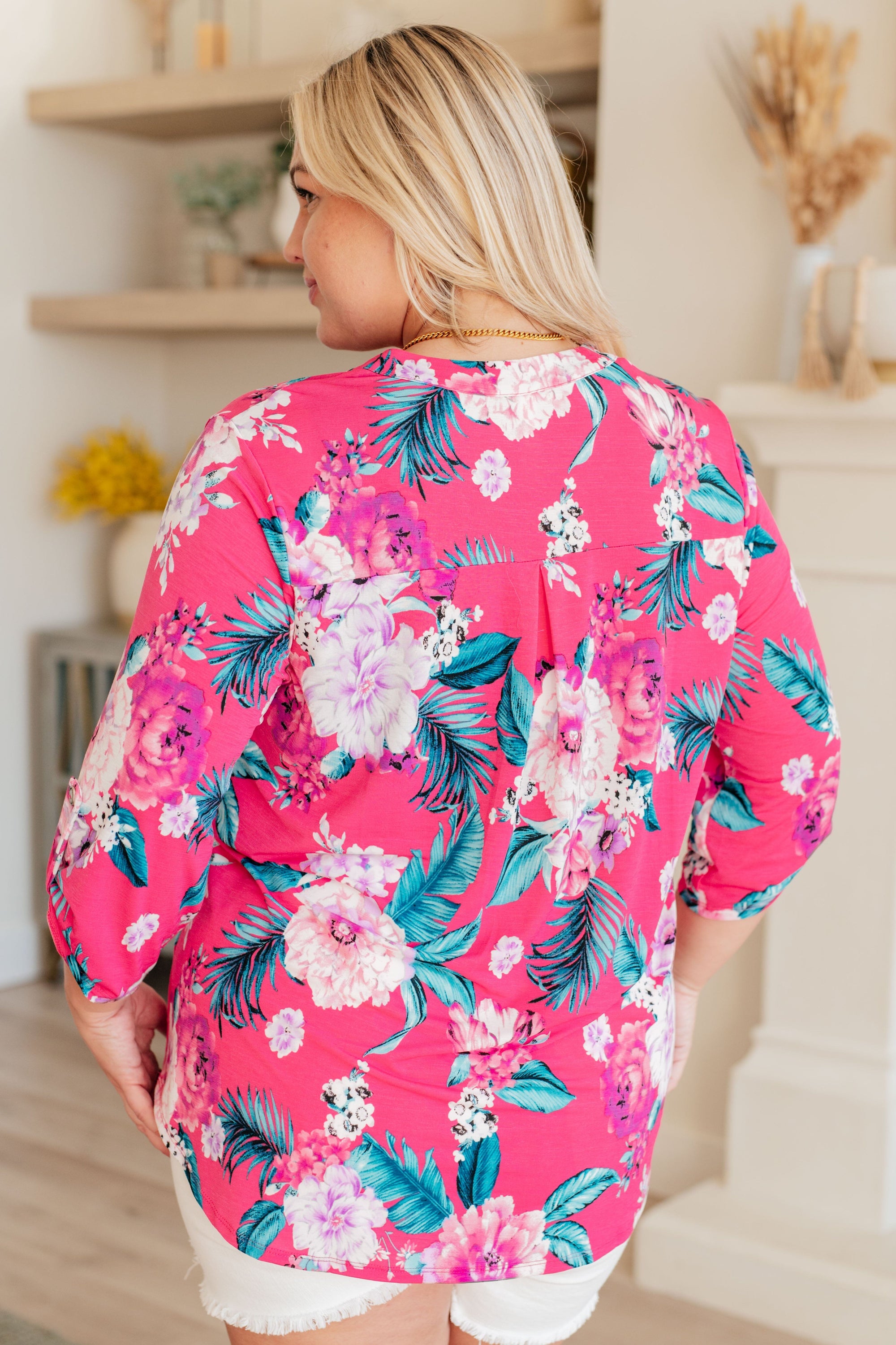 Lizzy Top in Magenta and Teal Tropical Floral Tops Ave Shops 