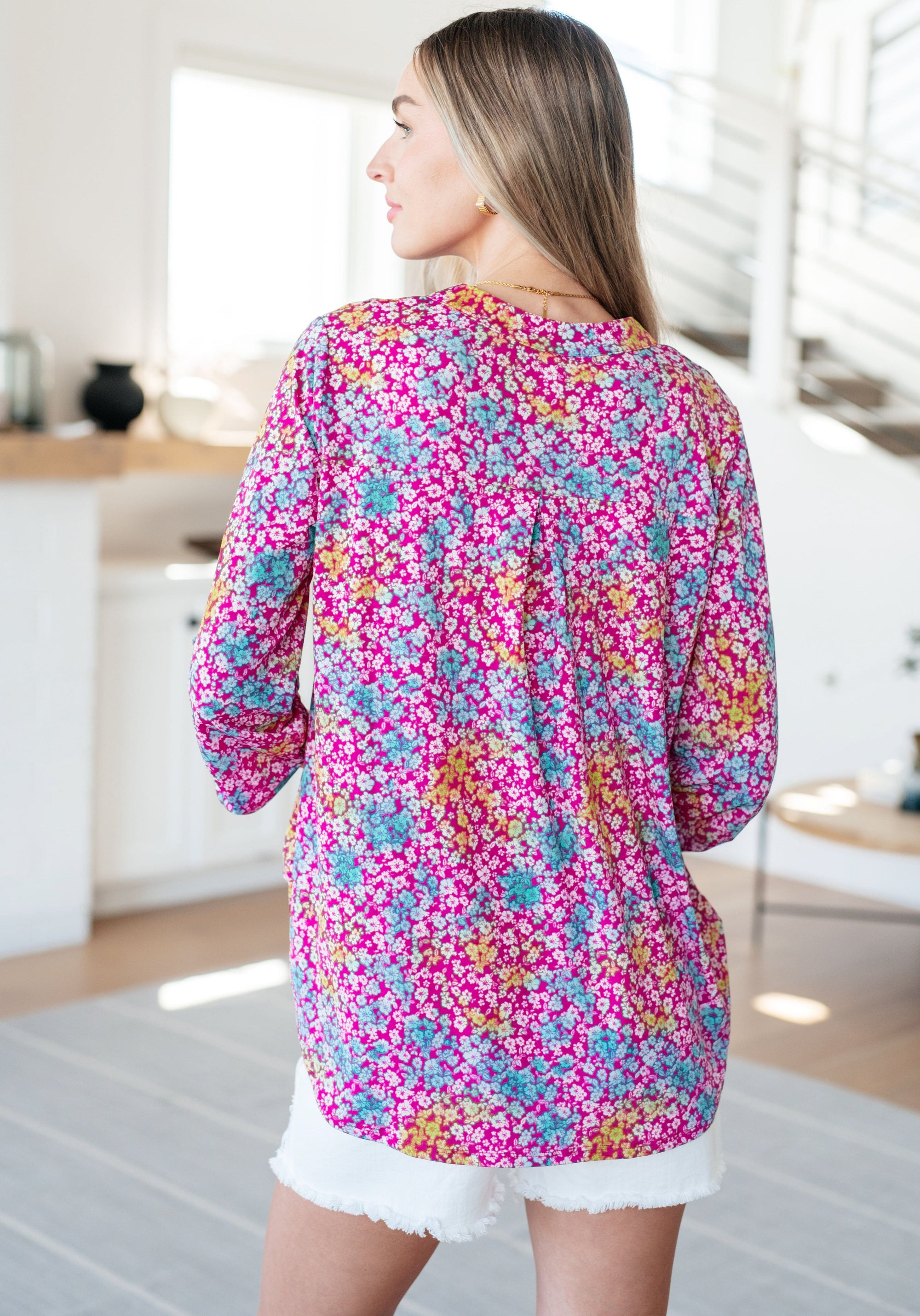 Lizzy Top in Pink and Aqua Ditsy Floral Tops Ave Shops 