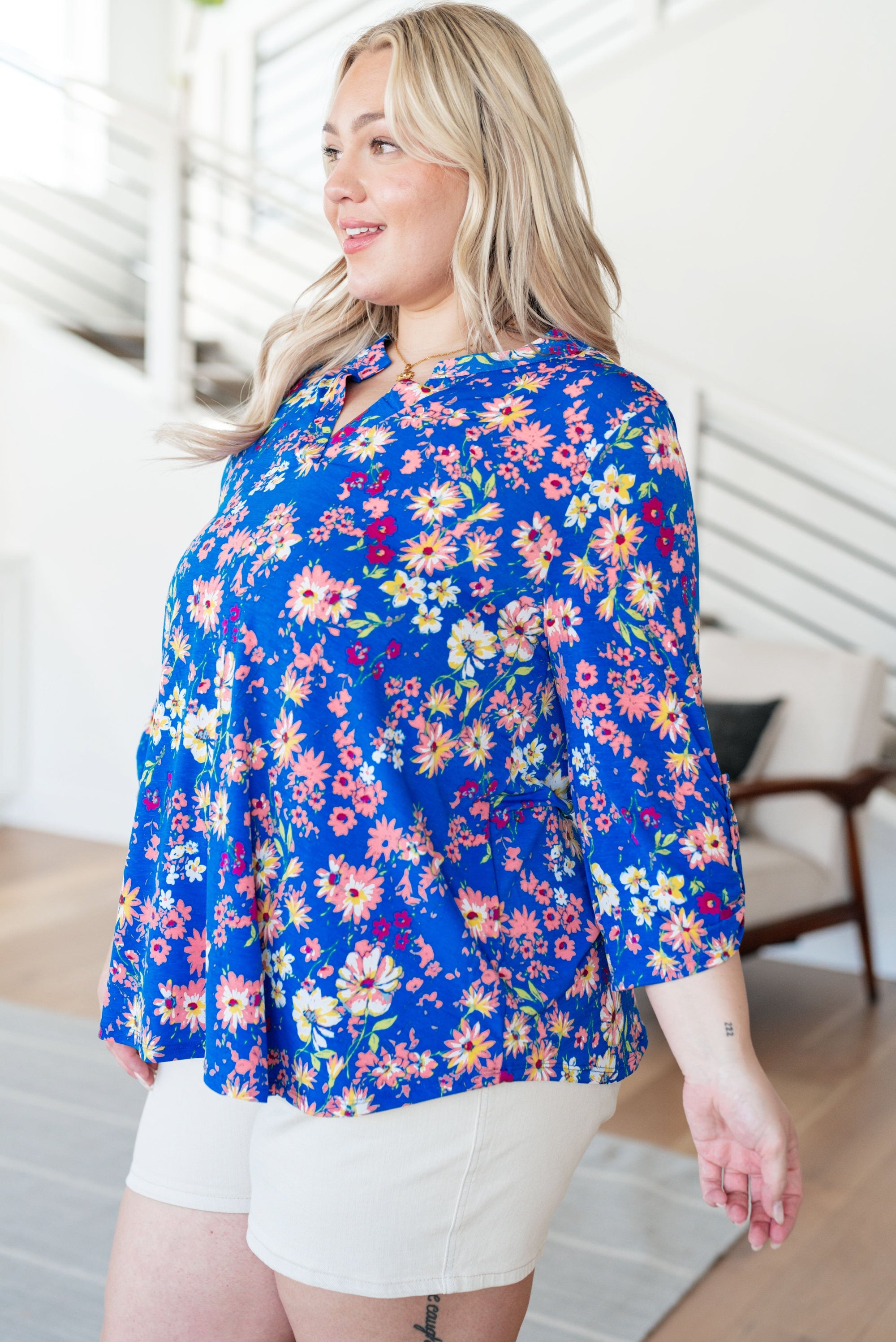 Lizzy Top in Royal and Blush Floral Tops Ave Shops 