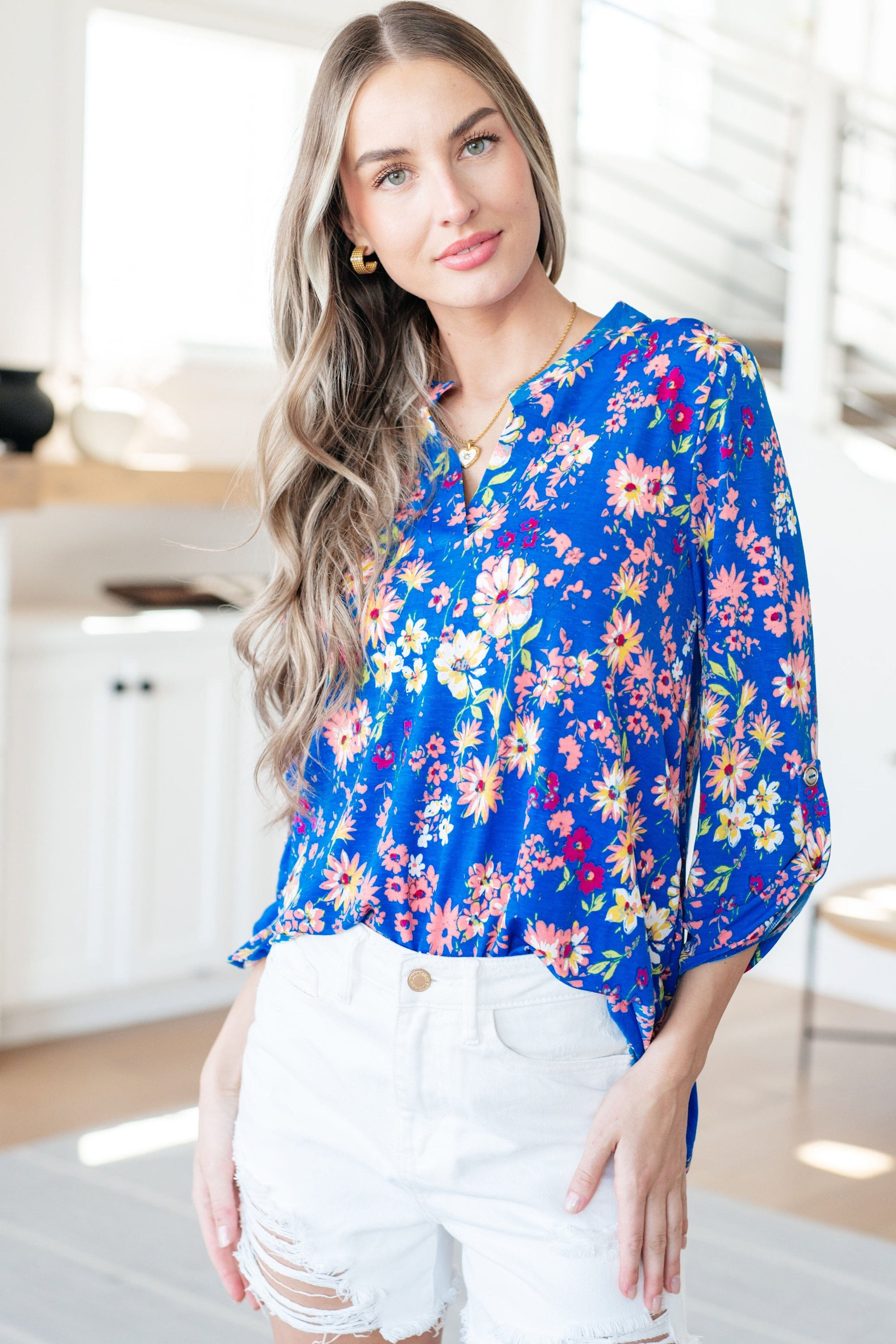 Lizzy Top in Royal and Blush Floral Tops Ave Shops 