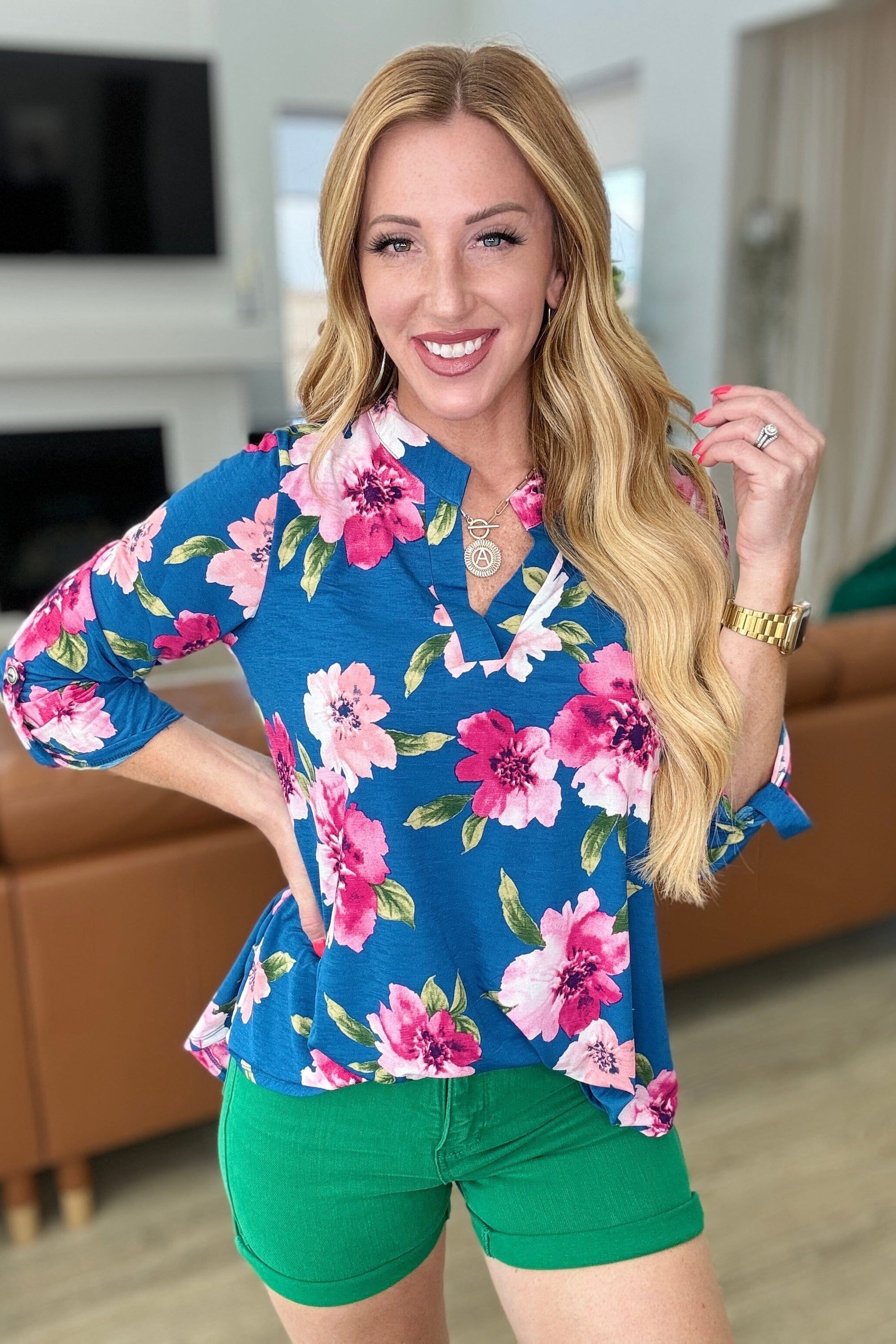 Lizzy Top in Teal and Magenta Floral Tops Ave Shops 