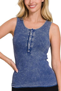 Lt Navy Washed Ribbed Scoop Neck Henry Tank Top Tank Top Zenana 