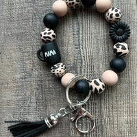 Mama Coffee Mug Black Daisy Leopard Wristlet Keychain keychain Jillian Ink 