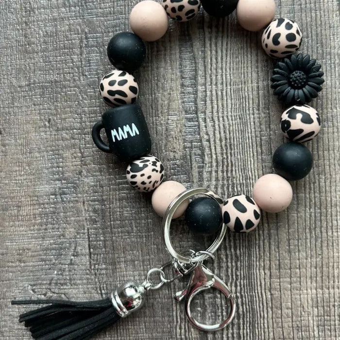Mama Coffee Mug Black Daisy Leopard Wristlet Keychain keychain Jillian Ink 
