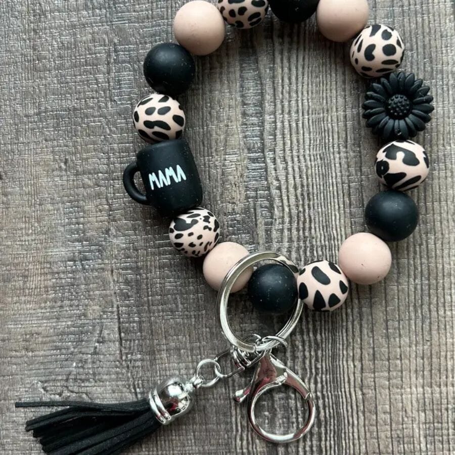 Mama Coffee Mug Black Daisy Leopard Wristlet Keychain keychain Jillian Ink 