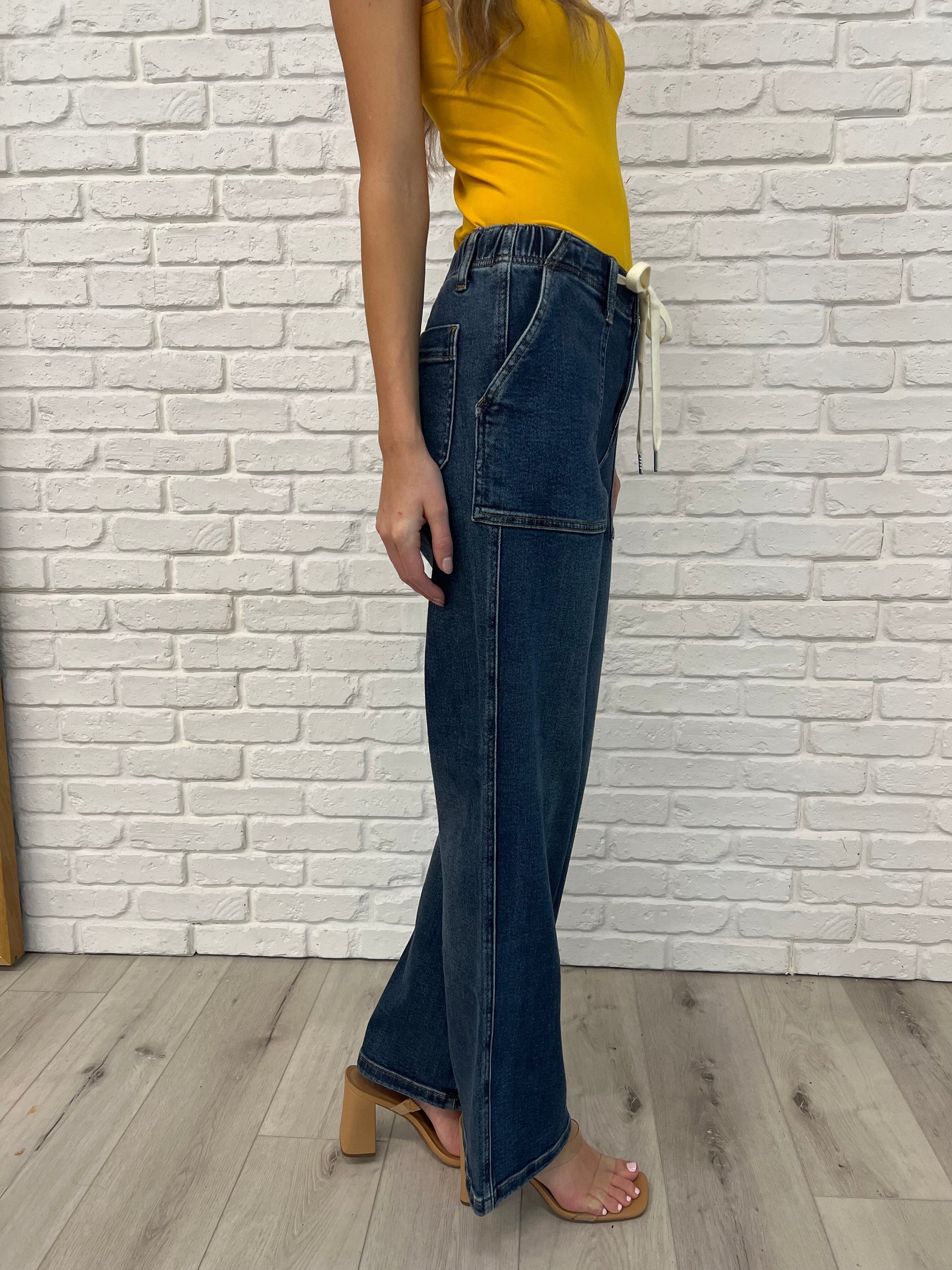 Melanie High Rise Drawstring Wide Leg Jeans Womens Judy Blue 