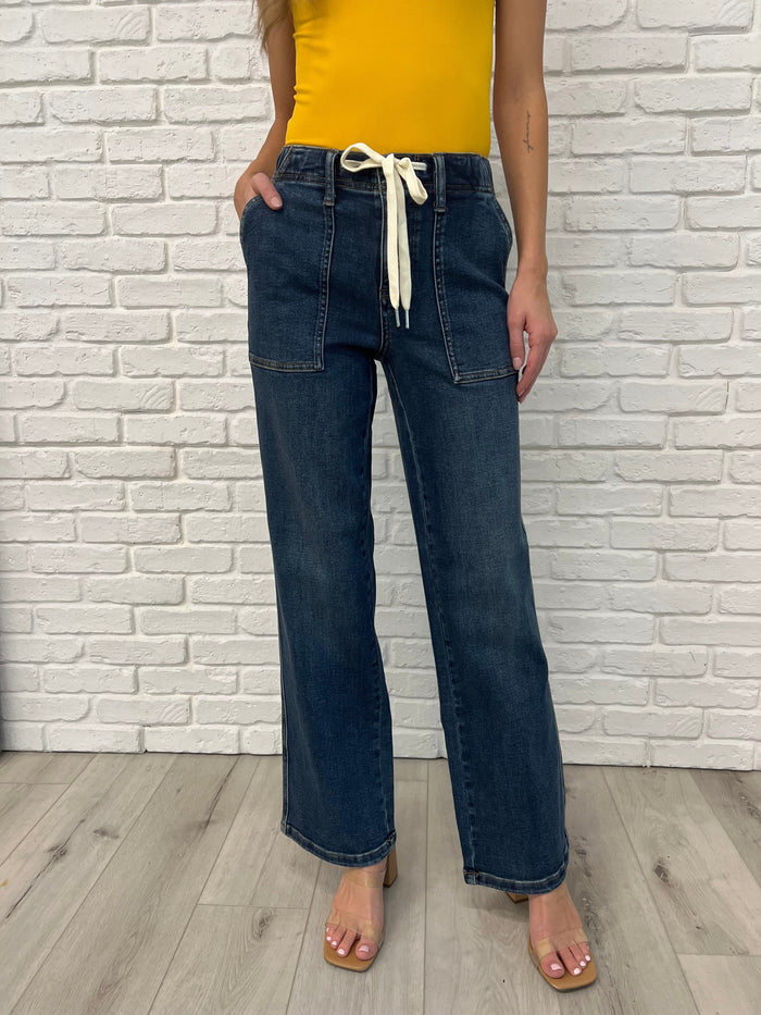 Melanie High Rise Drawstring Wide Leg Jeans Womens Judy Blue 