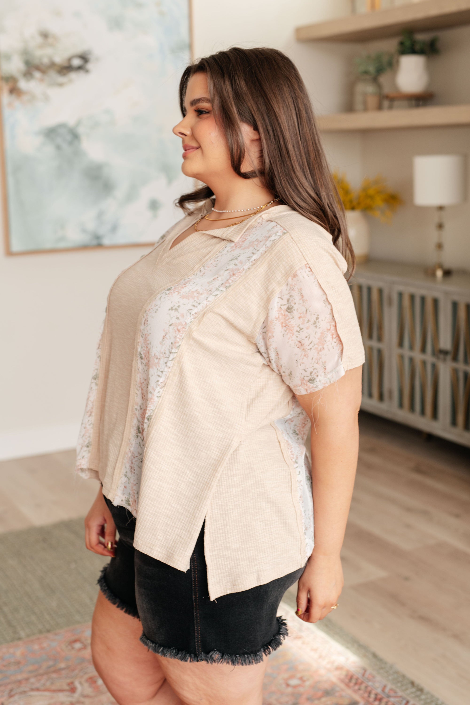 Mention Me Floral Accent Top in Toasted Almond Tops Ave Shops 