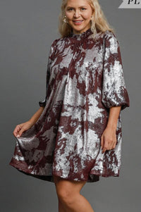 Merlot Ruffled High Neck Metallic Dress Dress Umgee 