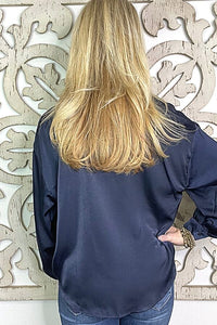 Midnight Satin Button Down Front Tie Blouse Shirts & Tops Umgee 