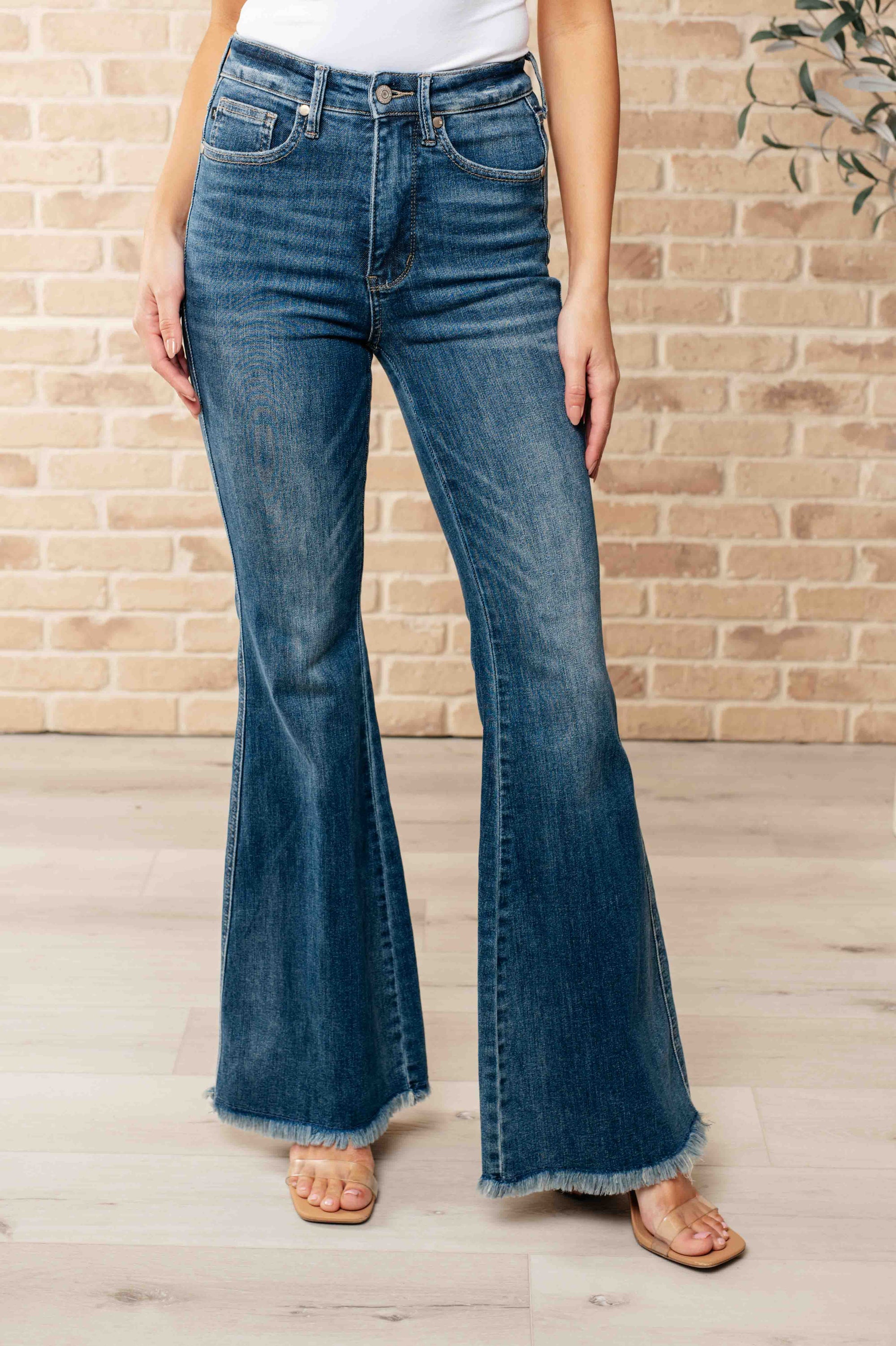 Miley High Waist Control Top Frayed Hem Flare Jeans Womens Ave Shops 