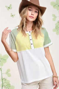 Mint Green Color Block Lace Trim Short Sleeve Top Shirts & Tops La Miel 