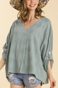Mint Polka Dot Detail V-Neck Top with Adjustable Sleeves Shirts & Tops Umgee 