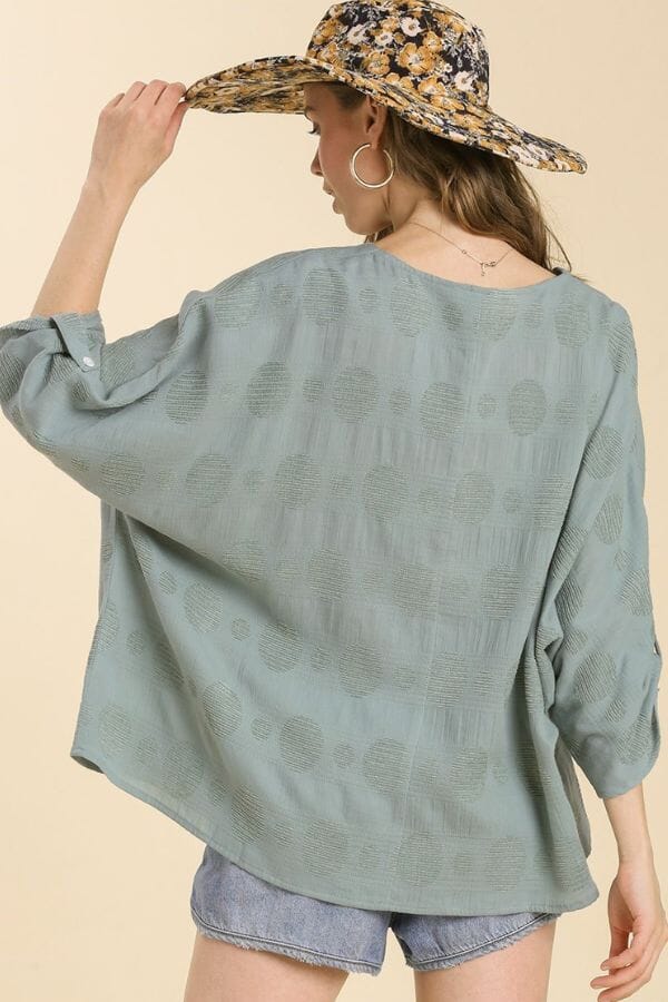 Mint Polka Dot Detail V-Neck Top with Adjustable Sleeves Shirts & Tops Umgee 