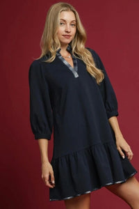 Navy French Terry Ruffle Hem Dress with Plaid Trim V-Neck Dresses Umgee 