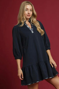 Navy French Terry Ruffle Hem Dress with Plaid Trim V-Neck Dresses Umgee 