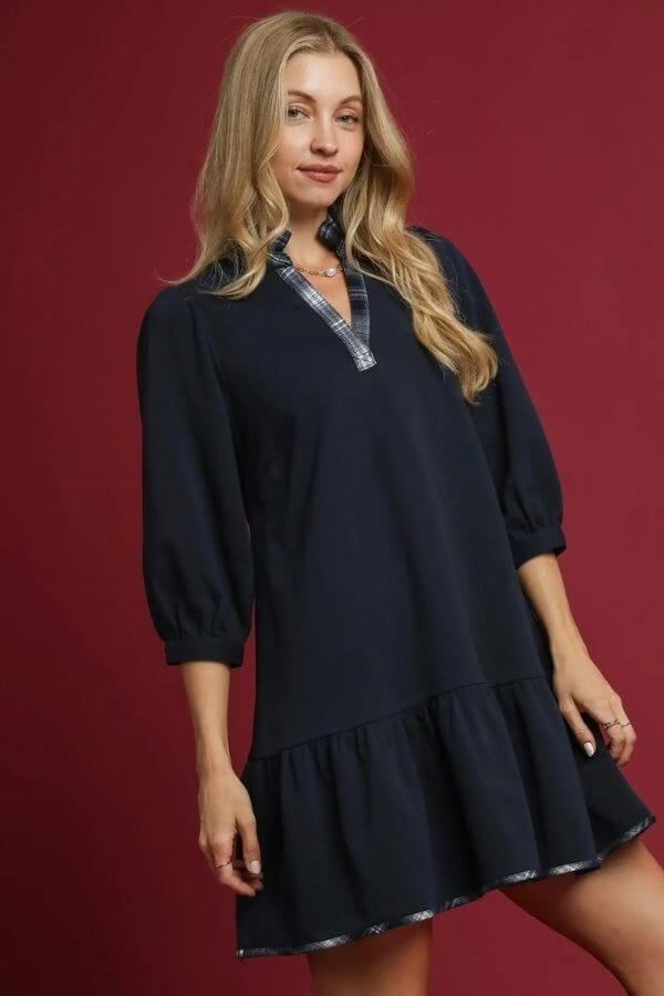 Navy French Terry Ruffle Hem Dress with Plaid Trim V-Neck Dresses Umgee 