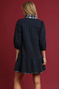 Navy French Terry Ruffle Hem Dress with Plaid Trim V-Neck Dresses Umgee 