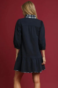 Navy French Terry Ruffle Hem Dress with Plaid Trim V-Neck Dresses Umgee 