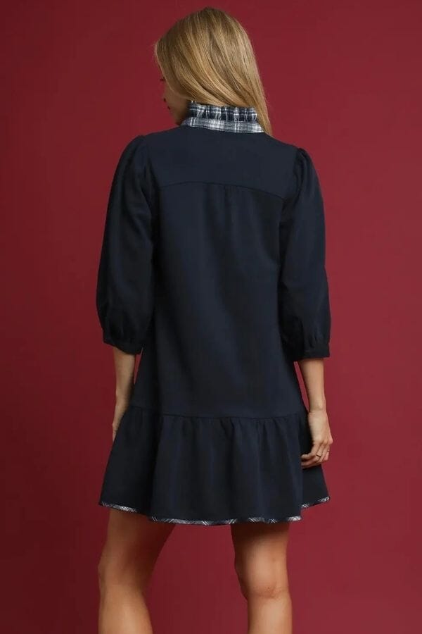 Navy French Terry Ruffle Hem Dress with Plaid Trim V-Neck Dresses Umgee 