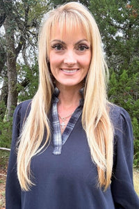 Navy French Terry Ruffle Hem Dress with Plaid Trim V-Neck Dresses Umgee 