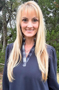 Navy French Terry Ruffle Hem Dress with Plaid Trim V-Neck Dresses Umgee 