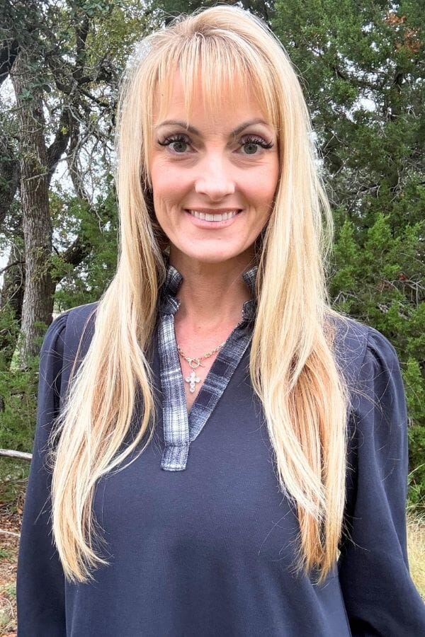 Navy French Terry Ruffle Hem Dress with Plaid Trim V-Neck Dresses Umgee 