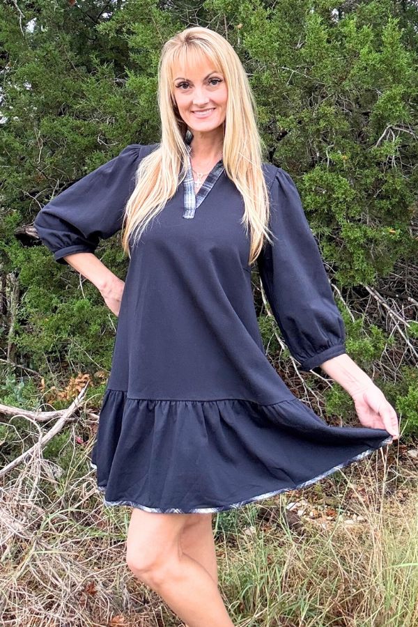 Navy French Terry Ruffle Hem Dress with Plaid Trim V-Neck Dresses Umgee 