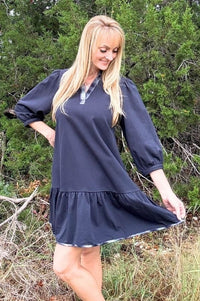 Navy French Terry Ruffle Hem Dress with Plaid Trim V-Neck Dresses Umgee 