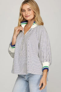 Navy Half Zipped Striped Top Shirts & Tops She and Sky 
