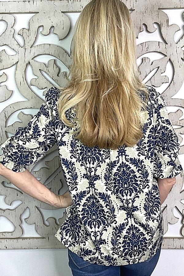 Navy Ruffle Neck Smocked Print Blouse with 3/4 Sleeves Shirts & Tops Umgee 