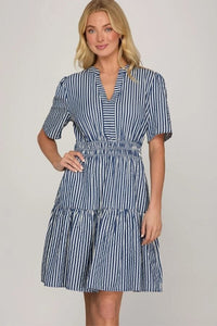 Navy Striped Woven Dress Shirts & Tops She and Sky 