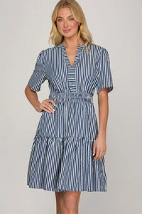 Navy Striped Woven Dress Shirts & Tops She and Sky 