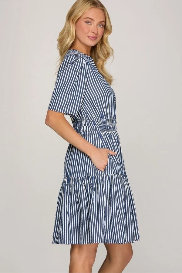 Navy Striped Woven Dress Shirts & Tops She and Sky 