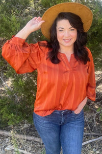 Ochre Stripe Satin Blouse with 3/4 Bubble Sleeves Shirts & Tops Umgee 