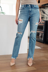 O'Hara Mid Rise Destroyed Straight Jeans in Medium Wash Womens Ave Shops 