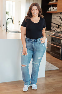 O'Hara Mid Rise Destroyed Straight Jeans in Medium Wash Womens Ave Shops 