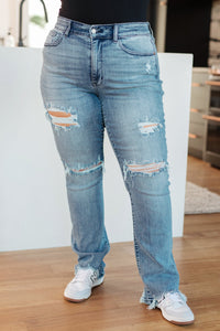 O'Hara Mid Rise Destroyed Straight Jeans in Medium Wash Womens Ave Shops 