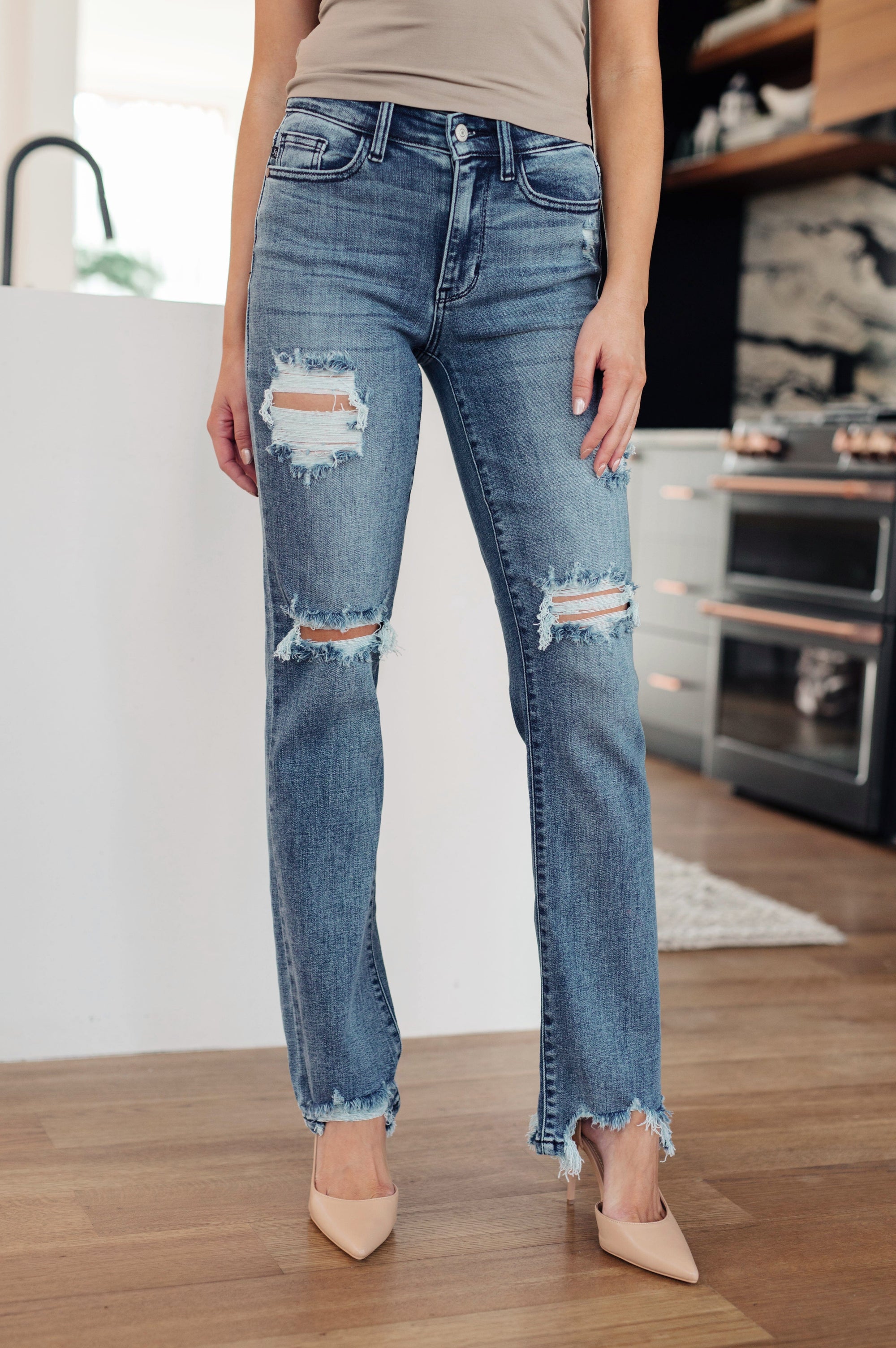 O'Hara Mid Rise Destroyed Straight Jeans in Medium Wash Womens Ave Shops 