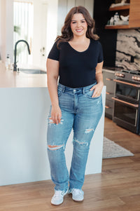 O'Hara Mid Rise Destroyed Straight Jeans in Medium Wash Womens Ave Shops 