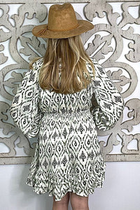 Olive Smocked Waistband Print Dress Featured Neck Tie & Puff Sleeves Dress Umgee 