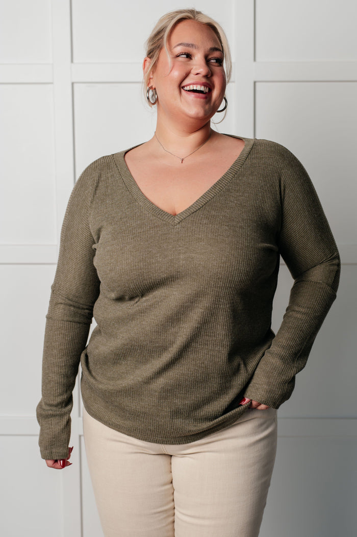 On a Roll Ribbed Knit V Neck Long Sleeve Top Tops Ave Shops 